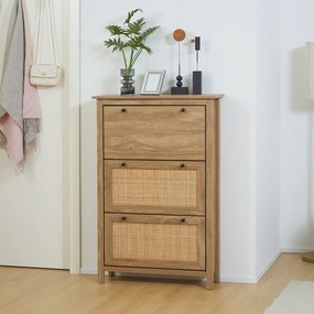 HOMCOM Dulap pentru pantofi raft pantofi dulap 3 uși rabatabile efect cannage răchită - în lemn lemn natural | Aosom Romania