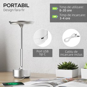 HOMCOM Lampă de masă Touch LED, Lampă de Noptieră Fără Fir cu Baterie Reîncărcabilă, 3 Tonuri de Lumină, Ø13x28,5 cm, Argintiu | Aosom Romania