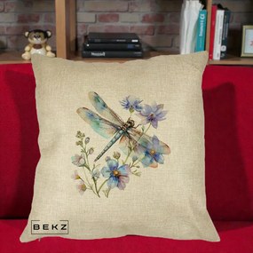 Perna Decorativa Libelula Acuarela Flori Albastre, 40x40 cm, Crem, Husa Detasabila, Perna Inclusa, BEKZ®