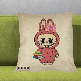 Perna Personalizata Labubu Roz cu Funda si Carti, 40x40 cm, Crem, Husa Detasabila, Perna Inclusa, BEKZ®