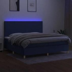 Pat cu arcuri, saltea si LED, albastru, 200x200 cm, textil Albastru, 200 x 200 cm, Design simplu