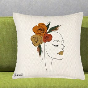 Perna Decorativa Portret Feminin Trandafiri Ruginii, 40x40 cm, Crem Reliefat, Husa Detasabila, Perna Inclusa, BEKZ®