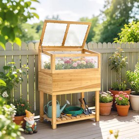 Outsunny Jardinieră înaltă cu seră din lemn, ladă de plantare ridicată cu capac rabatabil, raft, material nețesut, ergonomic | Aosom Romania