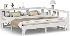 vidaXL Pat cu bibliotecă fără saltea, alb, 200x200 cm, lemn masiv pin