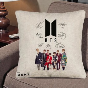 Perna Personalizata K-pop BTS Semnaturi Foto, 40x40 cm, Bej Canapea, Husa Detasabila, Perna Inclusa, BEKZ®