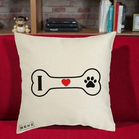 Perna Personalizata I Love Dog Os si Labuta, 40x40 cm, Ecru, Husa Detasabila, Perna Inclusa, BEKZ®