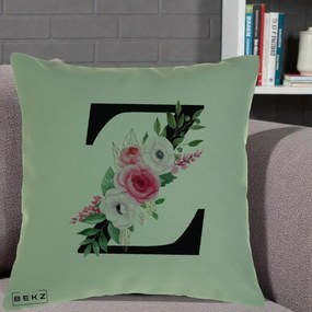 Cadou Personalizat - Perna Personalizata Monograma Florala Litera Z cu Buchet, 40x40 cm, Verde, Husa Detasabila, Perna Inclusa, BEKZ®