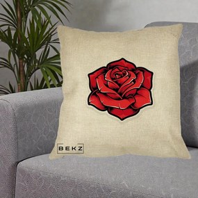 Perna Decorativa Trandafir Rosu Tattoo, 40x40 cm, Crem, Husa Detasabila, Perna Inclusa, BEKZ®