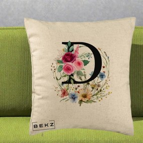 Cadou Personalizat - Perna Personalizata Monogram Litera D cu Flori Acuarela, 40x40 cm, Bej, Husa Detasabila, Perna Inclusa, BEKZ®