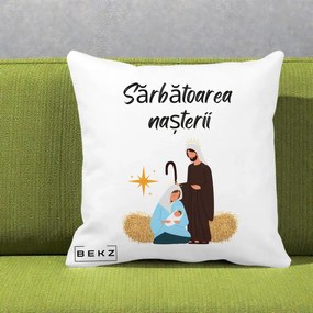 Perna Decorativa Nasterea Domnului Sfanta Familie Sarbatoarea Nasterii, 40x40 cm, Alba Mata, Husa Detasabila, Perna Inclusa, BEKZ®