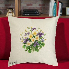 Perna Decorativa Viorele Iris Violet si Trifoi, 40x40 cm, Ecru, Husa Detasabila, Perna Inclusa, BEKZ®