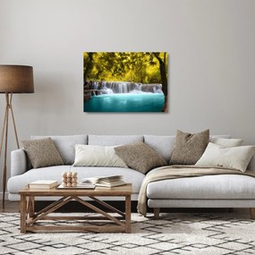 Tablou pe sticlă - Cascadă, cu culori strălucitoare (70x50 cm)