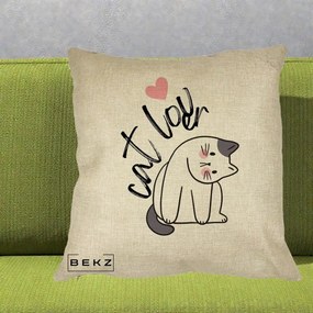 Perna Personalizata Cat Lover Pisica Ilustratie Linie, 40x40 cm, Crem, Husa Detasabila, Perna Inclusa, BEKZ®