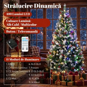 HOMCOM Brad de Crăciun Înzăpezit 210 cm, 400 de Lumini LED Bicolore, Telecomandă, 11 Modalități, 1253 de Ramuri, Conuri de Pin, Fructe Roșii | Aosom Romania