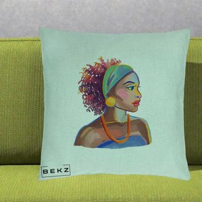 Perna Decorativa Portret Femeie Urbana Acuarela, 40x40 cm, Verde Menta, Husa Detasabila, Perna Inclusa, BEKZ®