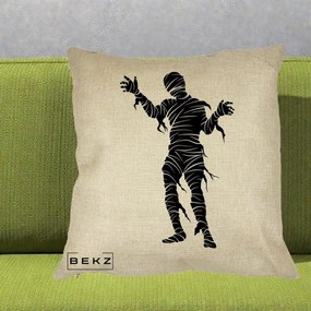 Perna Decorativa Mormii Infricosat Silueta Neagra Halloween, 40x40 cm, Crem, Husa Detasabila, Perna Inclusa, BEKZ®