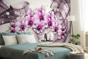 Tapet autoadeziv flori violete pe fundal abstract