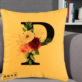 Cadou Personalizat - Perna Personalizata Monograma Florala Litera P, 40x40 cm, Galben, Husa Detasabila, Perna Inclusa, BEKZ®
