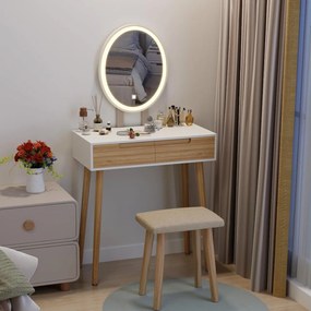 Masuta machiaj cu Oglinda LED si 2 Sertare pentru Cosmetice, Set Masa toaleta 70 cm, Alb, masuta cosmetica, vanity - SEM235