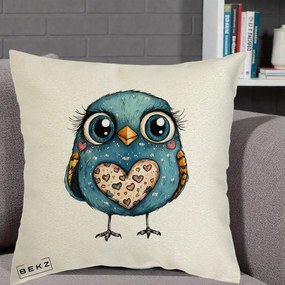 Perna Decorativa Bufnita Albastra cu Inimioare, 40x40 cm, Ecru, Husa Detasabila, Perna Inclusa, BEKZ®