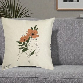 Perna Decorativa Portret Feminin Doua Maci Terracotta, 40x40 cm, Ecru, Husa Detasabila, Perna Inclusa, BEKZ®