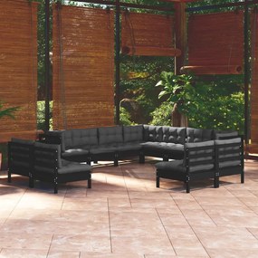 3096867 vidaXL Set mobilier grădină cu perne, 11 piese, negru, lemn masiv pin
