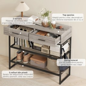 HOMCOM Console Table with 2 Drawers and 2 Mesh Shelves, Hallway Table with Metal Frame for Living Room, Entryway, Light Grey Wood Effect | Aosom Romania