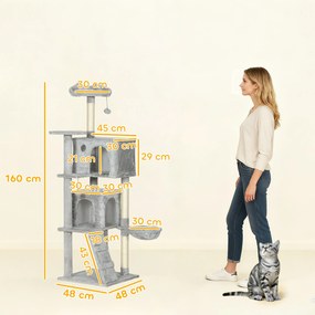 PawHut Arbore de Zgâriat pentru Pisici Înalt de 160 cm cu 2 Căsuțe, Hamac, Pat și Stâlpi din Sisal, Gri | Aosom Romania