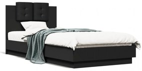 Cadru de pat cu tăblie și lumini LED, negru, 90x200 cm