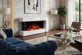 Șemineu electric, montare independentă, cadru MDF, sticla securizata, flacara LED cu efect realist, difuzor cu sunet de lemne trosnind, 120x56x24 cm, Alb