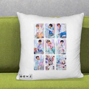 Perna Personalizata K-pop BTS Colaj 9 Fotografii Autografe Individual, 40x40 cm, Alb Pufos, Husa Detasabila, Perna Inclusa, BEKZ®