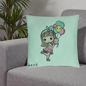 Perna Decorativa Fetita Kawaii cu Baloane si Cupcake, 40x40 cm, Verde Menta, Husa Detasabila, Perna Inclusa, BEKZ®