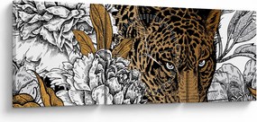 Tablou - Leopard între flori (cu ceas) (90x30 cm)