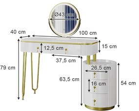 SEA422 - Set Masa toaleta, 100 cm, cosmetica machiaj, oglinda cu LED, masuta vanity - Alb-Auriu