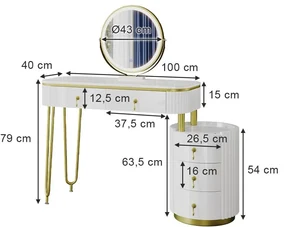 SEA422 - Set Masa toaleta, 100 cm, cosmetica machiaj, oglinda cu LED, masuta vanity - Alb-Auriu
