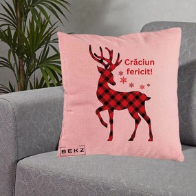 Perna Decorativa Ren Tartan Craciun Fericit, 40x40 cm, Roz, Husa Detasabila, Perna Inclusa, BEKZ®
