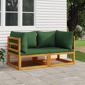Canapele colt modulare, 2 buc, perne verzi, lemn masiv acacia