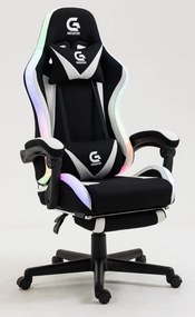 RESIGILAT-Scaun gaming cu masaj în perna lombară, sistem iluminare bandă LED RGB, suport picioare, material textil, Negru/Alb