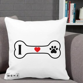 Perna Personalizata I Love Dog Os si Labuta, 40x40 cm, Alba Mata, Husa Detasabila, Perna Inclusa, BEKZ®