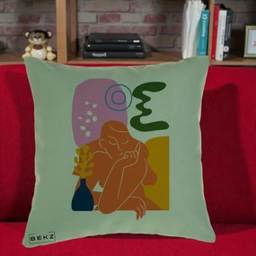 Perna Decorativa Femeie Meditand Abstract, 40x40 cm, Verde, Husa Detasabila, Perna Inclusa, BEKZ®