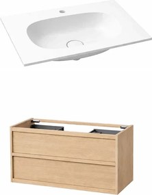 Set dulap baza suspendat KolpaSan Storia 2 sertare 100 cm finisaj acacia cu lavoar compozit Kerrock alb
