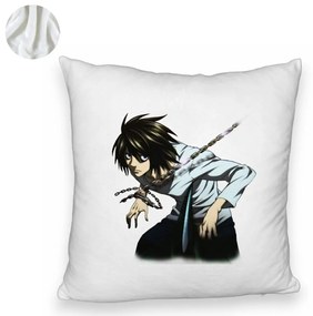 Perna Decorativa Fluffy cu Death Note L, 40x40 cm, Alba, Husa Detasabila, Burduf