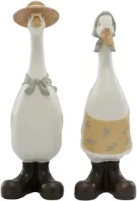Set decorativ 2 gâște cu eșarfă și pălărie, stil festiv, alb multicolor, din polirasină, „Snowy Pair”