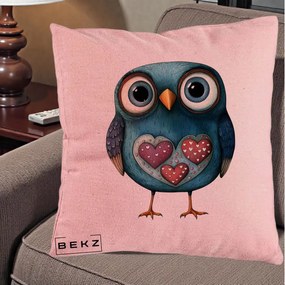 Perna Decorativa Bufnita Teal cu Doua Inimi, 40x40 cm, Roz, Husa Detasabila, Perna Inclusa, BEKZ®