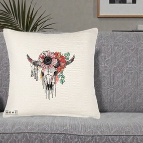 Perna Decorativa Craniu Boho Floral, 40x40 cm, Crem Reliefat, Husa Detasabila, Perna Inclusa, BEKZ®
