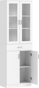 HOMCOM Bufet înalt pentru bucătărie, dulap de bucătărie, 4 uși dintre care 2 din sticlă, sertare, etajere reglabile, 60x35x180cm, alb | Aosom Romania