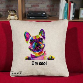 Perna Personalizata Bulldog Francez I'm Cool, 40x40 cm, Bej Canapea, Husa Detasabila, Perna Inclusa, BEKZ®
