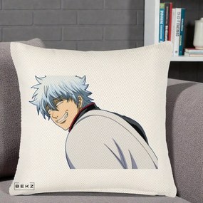 Perna Personalizata Gintama Gintoki Portret cu Zambet, 40x40 cm, Crem Reliefat, Husa Detasabila, Perna Inclusa, BEKZ®