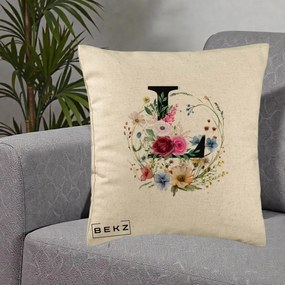 Cadou Personalizat - Perna Personalizata Monogram Litera L cu Flori Acuarela, 40x40 cm, Bej, Husa Detasabila, Perna Inclusa, BEKZ®