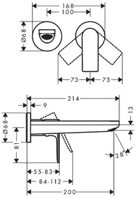 Baterie cu ventil pentru lavoar Hansgrohe, Rebris E, montaj pe perete, pipa 200 mm